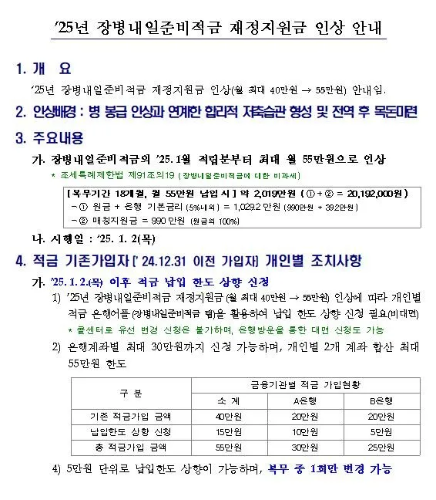 '25년 장병내일준비적금 재정지원금 인상 안내