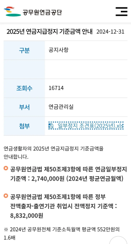 2025년 연금지급정지 기준금액 안내